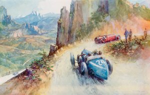 El Bugatti sobrealimentado de 2 litros de Materassi adelantando a un Maserati en el recorrido sinuoso de la Targa Florio de 1927 (fotografía en color) de Frederick Gordon (after) Crosby