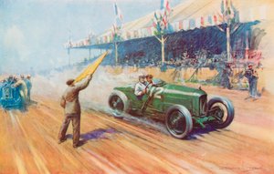 Sir Henry Segrave anotando la primera victoria británica en un Gran Premio con el Sunbeam de dos litros en el circuito de Tours (litografia en color) de Frederick Gordon (after) Crosby