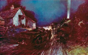 El accidente histórico en White House Corner en la carrera de 24 horas de Le Mans. Fue después de este accidente que un Bentley dañado continuó para ganar (litografia en color)