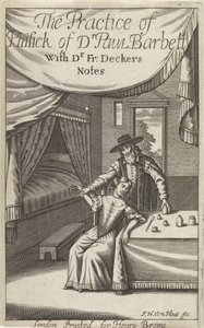 doctor, con, mujer joven, en, un, interior Página de título para: Dekkers, F., The Practice of Phisick of Dr. Pablo Barbett de Frederick Hendrick van den Hove