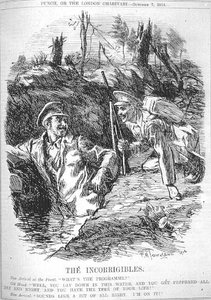 Los incorregibles. Nueva llegada al frente; "¿Cuál es el programa?", Veterano; "Bueno, te acuestas en esta agua, y te acribillan todo el día y la noche, ¡y te lo pasas en grande!" Nueva llegada; "Suena bien. ¡Estoy en ello!" de Frederick Henry Townsend