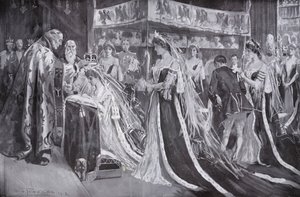 La coronación de la Reina Alexandra, Consorte del Rey Eduardo VII, por el Arzobispo de York, Abadía de Westminster, Londres