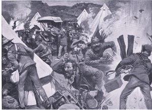 Bóers saqueando el campamento británico en Nooitgedacht bajo fuego de artillería, de Después de Pretoria: La Guerra de Guerrillas publicado por Harmsworth Bros Limited, 1901 de Frederick Judd Waugh