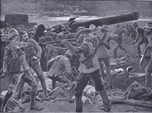 El ataque a Gun Hill: Los artilleros del naval 47 sorprendidos, de Después de Pretoria: La Guerra de Guerrillas publicado por Harmsworth Bros Limited, 1901 de Frederick Judd Waugh