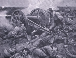 La defensa de Dewetsdorp: operando un cañón de 15 libras solo (ilustración de After Pretoria: The Guerilla War, 1902)