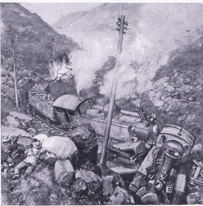 El descarrilamiento de un tren blindado cerca de Vlakfontein (ilustración de After Pretoria: The Guerilla War, 1902) de Frederick Judd Waugh