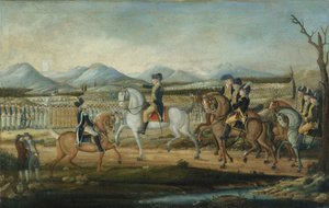 Washington revisando el ejército occidental en Fort Cumberland, Maryland