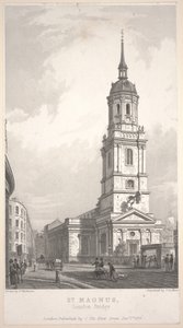 San Magnus, London Bridge, grabado por John Henry Le Keux de Frederick Mackenzie