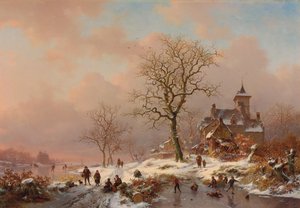 Paisaje de invierno con figuras jugando en el hielo, 1868 de Frederick Marianus Kruseman