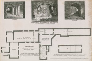 Plano y vistas de las bóvedas de Crosby Hall, Bishopsgate Street
