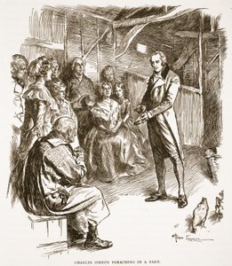 Charles Simeon predicando en un granero, ilustración de 