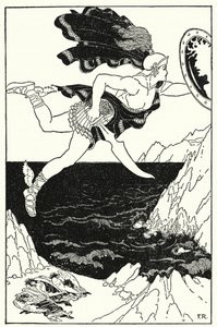 Perseo voló cautelosamente hacia abajo, manteniendo sus ojos en el rostro de Medusa, reflejado en su escudo de Frederick Richardson