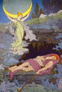 Visitado sólo por la luna en la noche, Endymion dormirá para siempre (litografía en color)