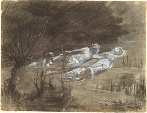 Mujer flotando en un río atendida por dos espíritus femeninos de Frederick Trapp Friis