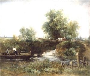 Río con caballos cruzando y bote de Frederick Waters Watts