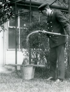 El Guardián Thomas Raggett Dando una Ducha a un Tawny Frogmouth, Zoológico de Londres, 1924 de Frederick William Bond