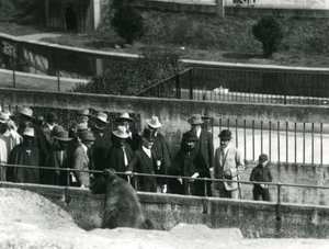 Sir Peter Chalmers Mitchell, con el regente etíope Haile Selassie y su séquito, viendo un oso pardo en las terrazas de Mappin, zoológico de Londres, 1924