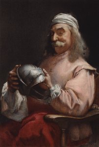 A Friend in Need, retrato de un hombre mirando un casco (chromolitho)
