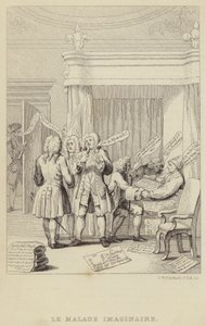Le Malade Imaginaire: sátira que representa al autor y botánico John Hill en la cama siendo consultado por una serie de médicos decididos a asegurar sus honorarios de Frederick William Fairholt