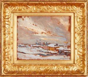 Paisaje invernal con cúpulas lejanas, Rusia (óleo sobre tabla) de Frederick William Jackson