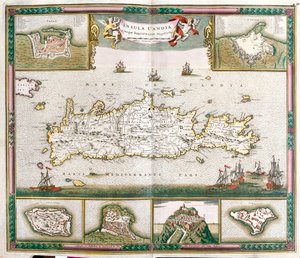 Mapa de la isla de Creta, con vistas de las ciudades fortificadas La Canea y Heraclión y las fortalezas de Spinalonga, Retino, Thine y Souda de Frederick de Wit