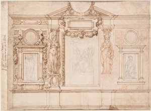 Diseño para una decoración mural con bocetos pegados según Raphael (verso)