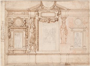 Diseño para una decoración mural con bocetos pegados después de Rafael verso, c. 1580s-90s