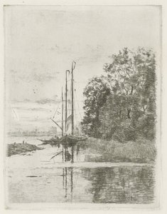 Vista al río con dos barcos y una barcaza. de Fredericus Jacobus van Rossum du Chattel (signed by artist)