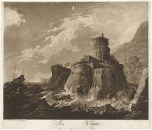 Castillo en costa rocosa y barcos en tormenta en el mar La Tempête (título sobre objeto) de Frederik Christiaan Bierweiler