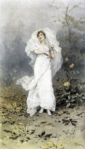 Mujer en un bosque - Alegoría del otoño, calendario ilustrado por Hubert Dys de Frederik Hendrik Kaemmerer