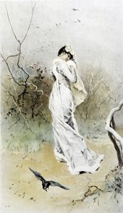 Mujer en un bosque - alegoría del comienzo del invierno, calendario ilustrado por Hubert Dys, pintado por F.H. Kaemmerer de Frederik Hendrik Kaemmerer