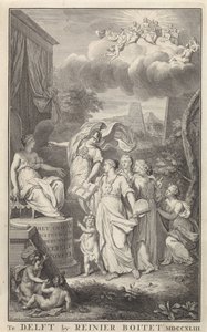 Minerva y las Artes para una figura entronizada Página de título para: The Groot Natuur- en Zedekundigh Wereldtoneel, Delft, R. Boitet, 1743 de Frederik Ottens