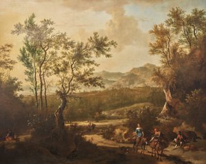 Un paisaje italiano con jinetes en un camino rural