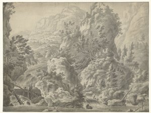 Paisaje de montaña con cascada de Frederik de Moucheron