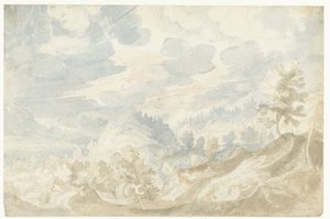 Paisaje montañoso con vista a un valle (¿del Danubio?) y una torre de iglesia de Frederik van Valckenborch