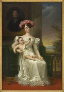 Retrato de Josefina de Leuchtenberg, Reina de Suecia y Noruega (con su hijo Carlos XV en brazos, sentado frente a un retrato del rey Oscar I) de Fredric Westin