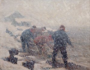 Las pescadores tiran del jábega en una tormenta de nieve (óleo sobre lienzo) de Fredrik Kolstoe