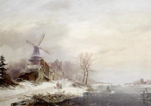 Holandés: Paisaje invernal con aldea, molino de viento y figuras Paisaje invernal con aldea, molino de viento y figuras de Fredrik Marinus Kruseman