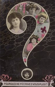 Un gran signo de interrogación lleno de rostros de mujeres y niñas