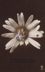 Una pareja joven en el centro de una flor con una mariquita