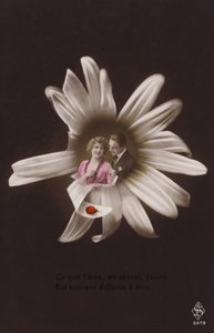 Una pareja joven en el centro de una flor con una mariquita