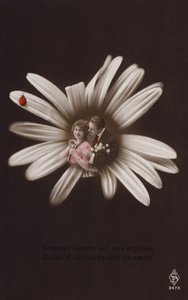 Una pareja joven en el centro de una flor con una mariquita