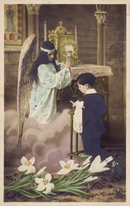 Niño tomando la primera comunión, atendido por el ángel guardián