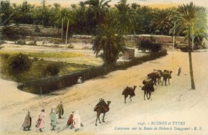 Caravana viajando entre Biskra y Touggourt, Argelia