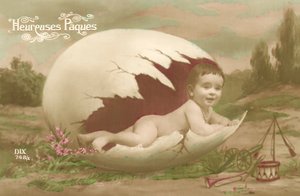 Tarjeta de Pascua, mostrando un bebé emergiendo de un huevo grande