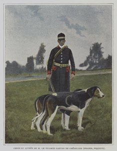Perro y cazador con el uniforme de la caza del vizconde Gaetan de Chezelles, Francia de French Photographer