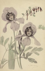 Dos flores de iris cada una con el rostro de una joven