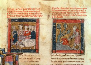 Galahad llega a Arturo y Galahad saca la espada de la piedra flotante en el río en Camelot, c.1250-80 de French School