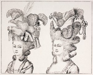 Chicas francesas del siglo XVIII con peinados y sombreros extravagantes, 1875