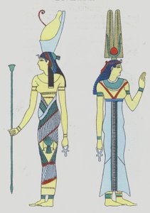 Representación de deidades del Antiguo Egipto de los años veinte (litografía en color)